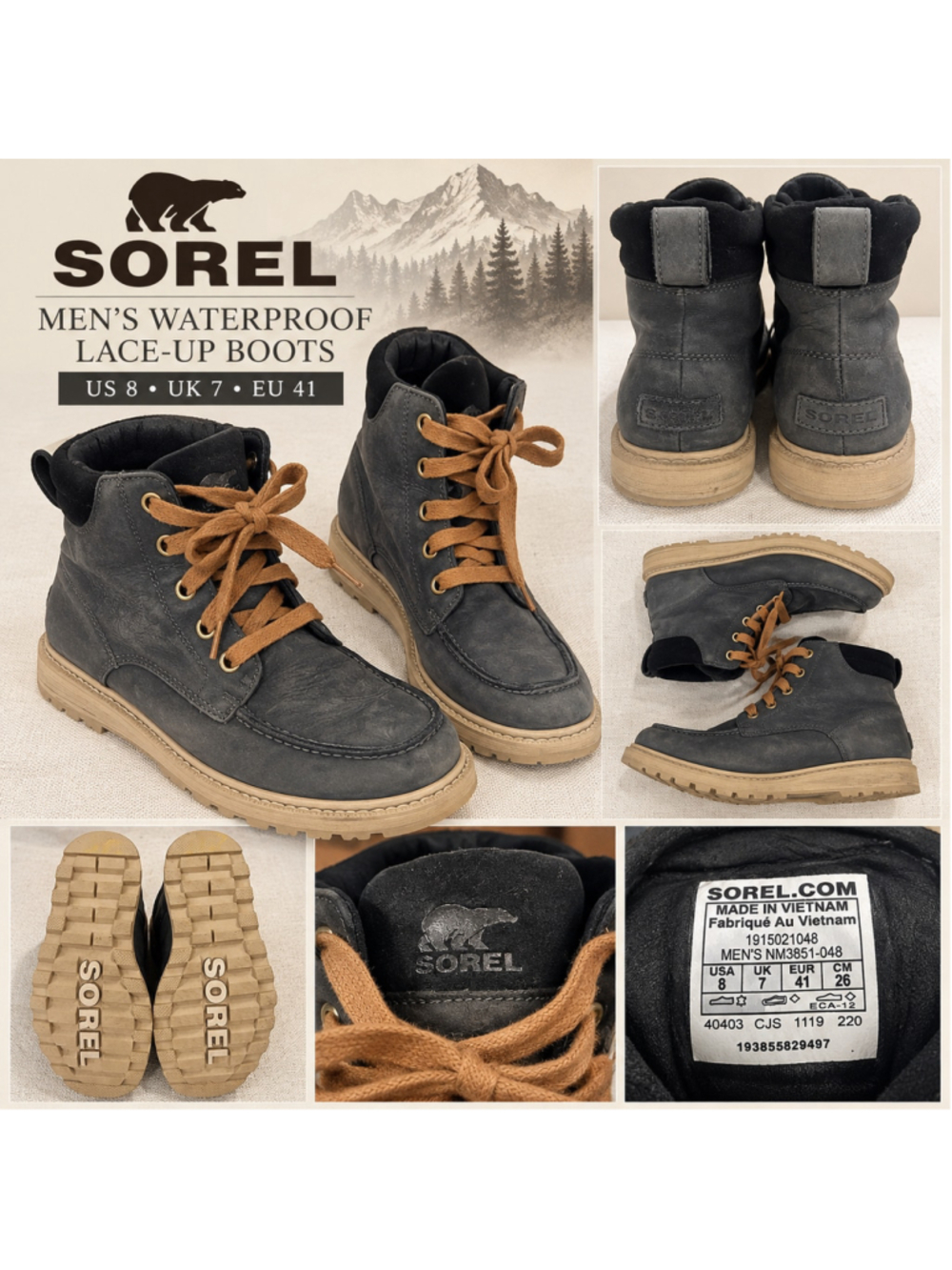 Sorel Men's Caribou Moc Waterproof Leather Boots Blueish Gray Tan Size 8 NM3851 - Picture 1 of 10